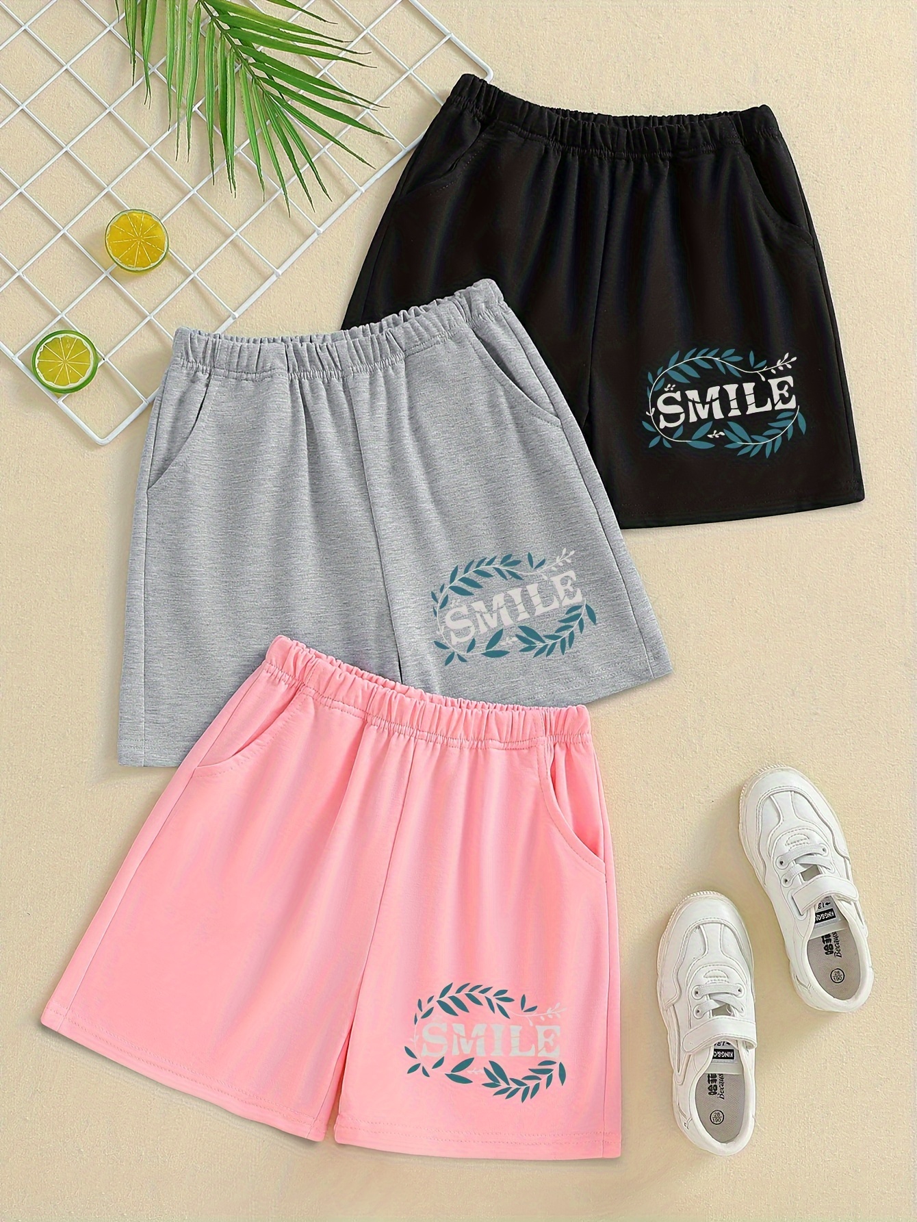 Girls Shorts Chic Smile Print Casual Sweat Shorts Comfy Fit - Temu Canada