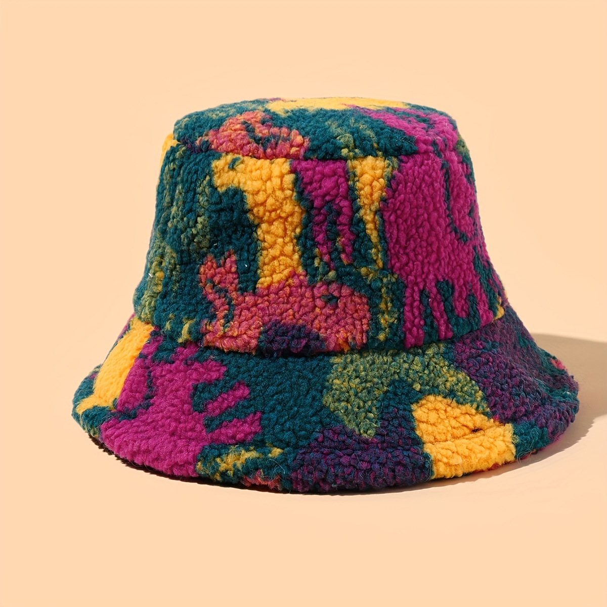 

Vintage Tie Dye Fuzzy Bucket Hat For Women Classic Color Block Thick Plush Basin Hats Lightweight Winter Warm Fisherman Cap