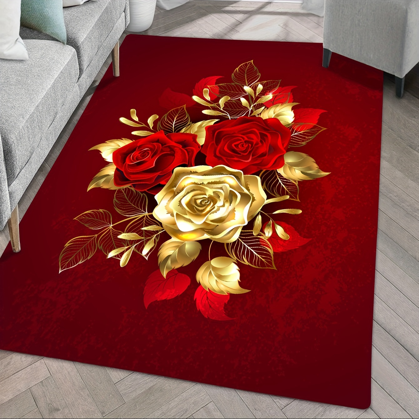 1 Stück Roter Goldener Rosen-Druck-Teppich – Wohnzimmer