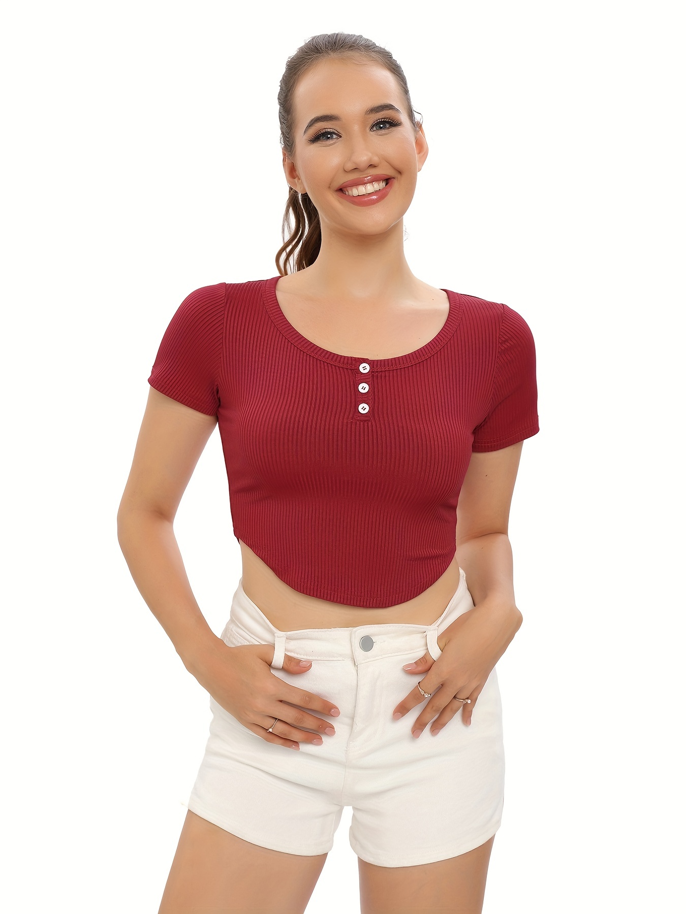 Ribbed Square Neck Crop T shirt Casual Sleeve Top Spring - Temu