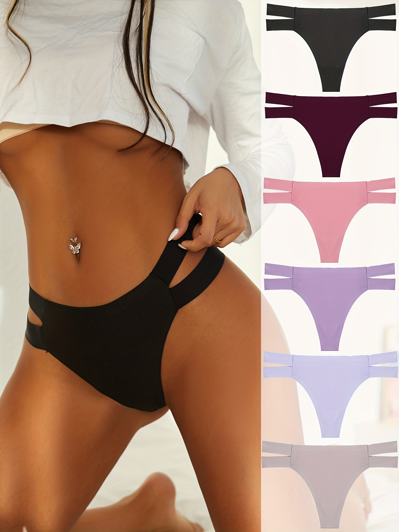 5pcs Simple Solid Thongs, Stretch Intimates Panties, Women's Sexy Lingerie  & Underwear
