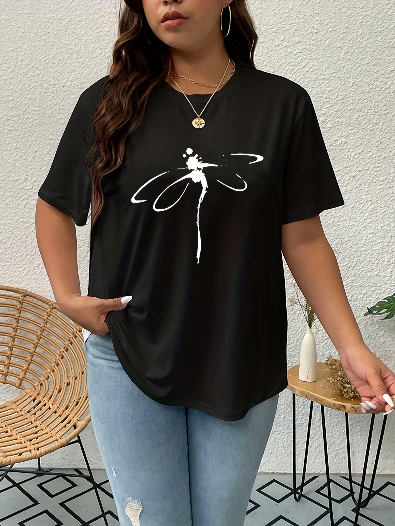 Plus Size Casual T-shirt, Women's Plus Dragonfly Print Short Sleeve Round  Neck Slight Stretch T-shirt