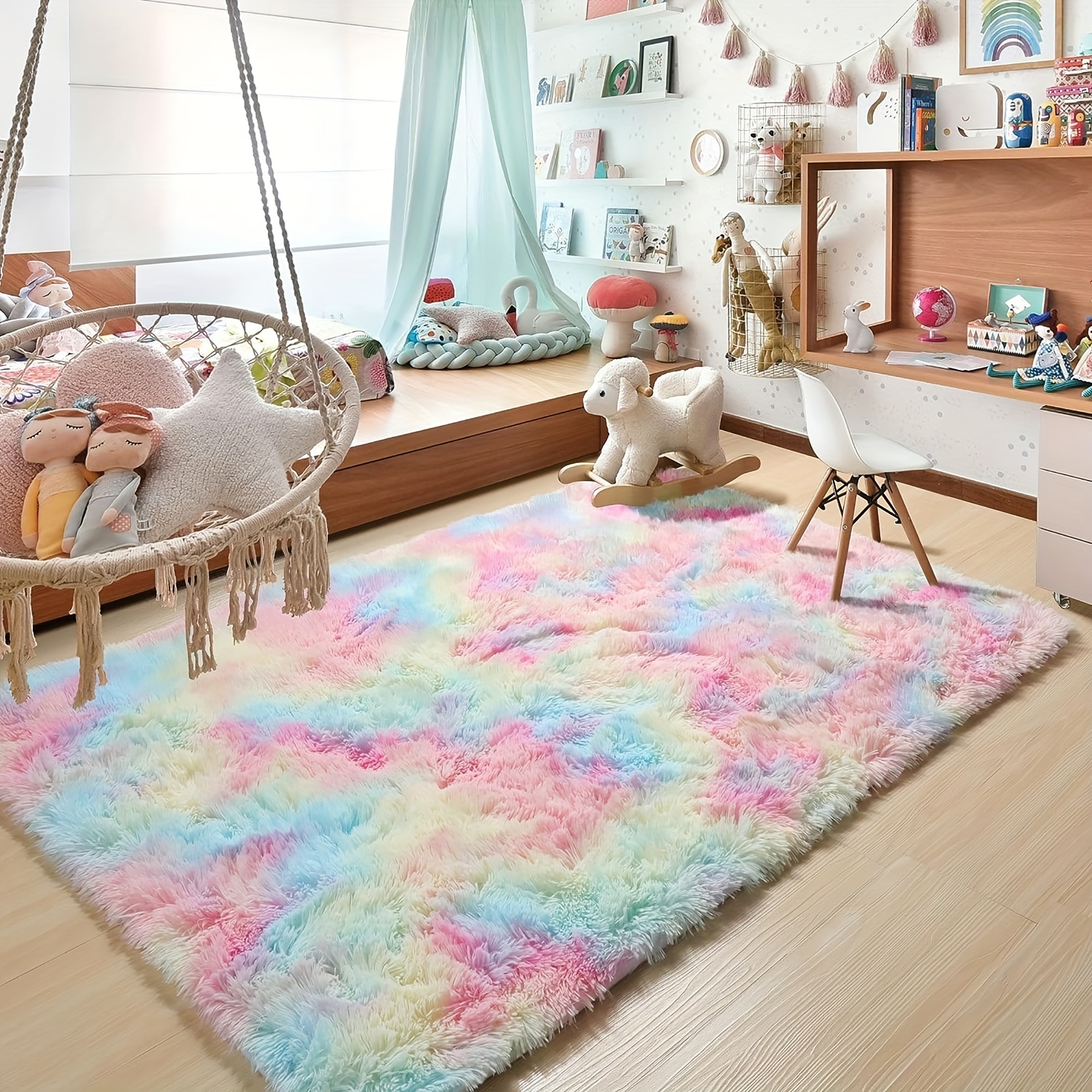 the carpet Monde Kids - Alfombra Infantil Moderna y Suave de Pelo Suave,  fácil de Limpiar, Colores Vivos, patrón arcoíris, Rosa, 80 x 150 cm