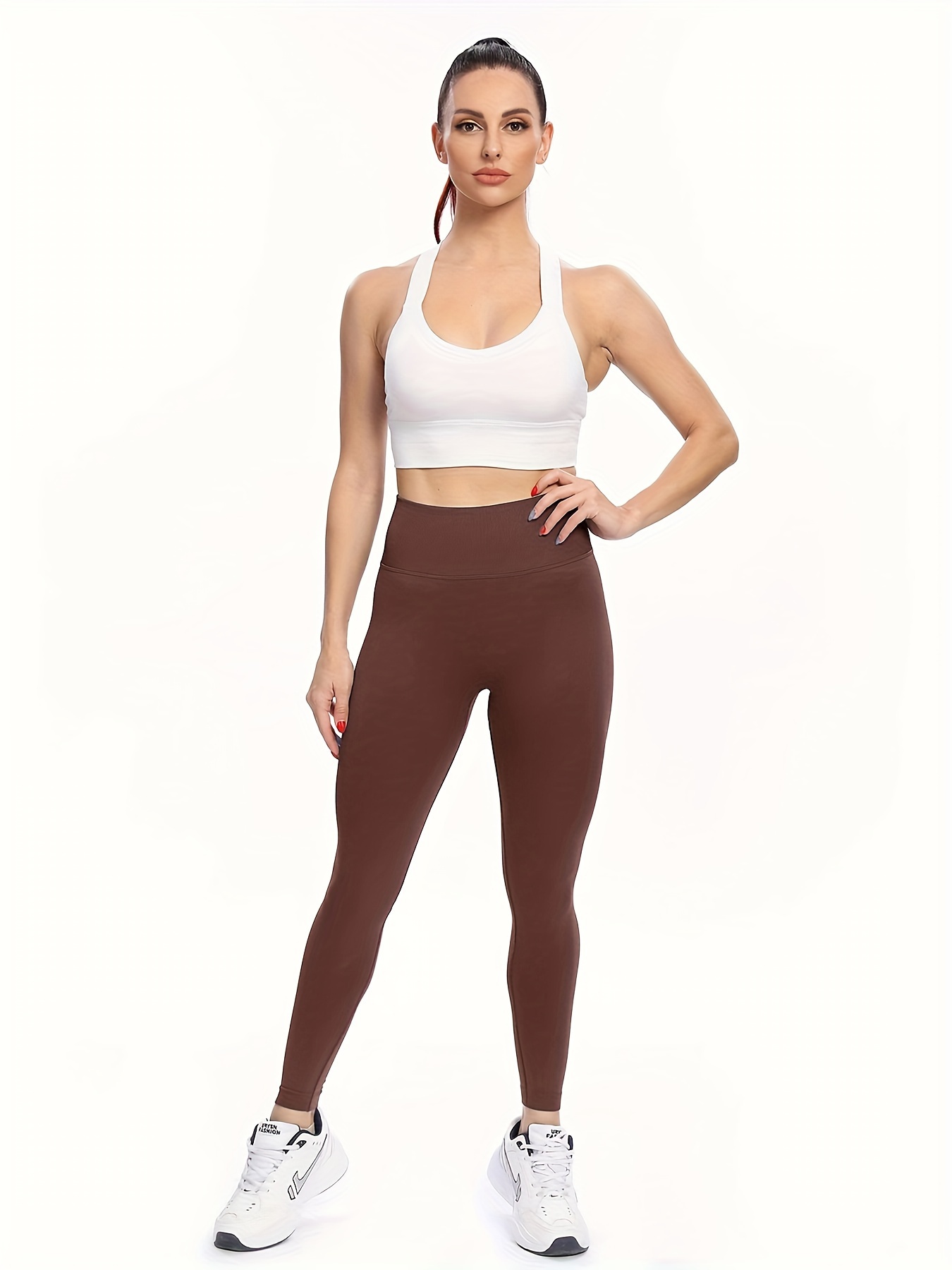 Solid High-Rise Leggings Soft Tummy Control Slimming Yoga Pants Workout  Running Tights Fitness Girl Sport (Color : Chocolate Brown, Size : X-Small)