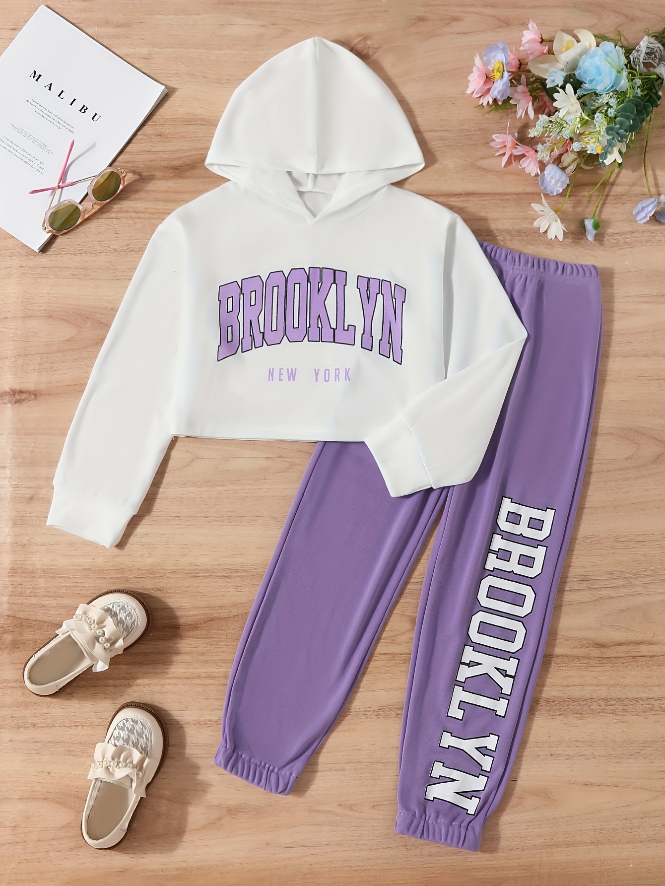 Comfy Sweatsuit Sets Girls brooklyn New York Print Hooded - Temu Poland
