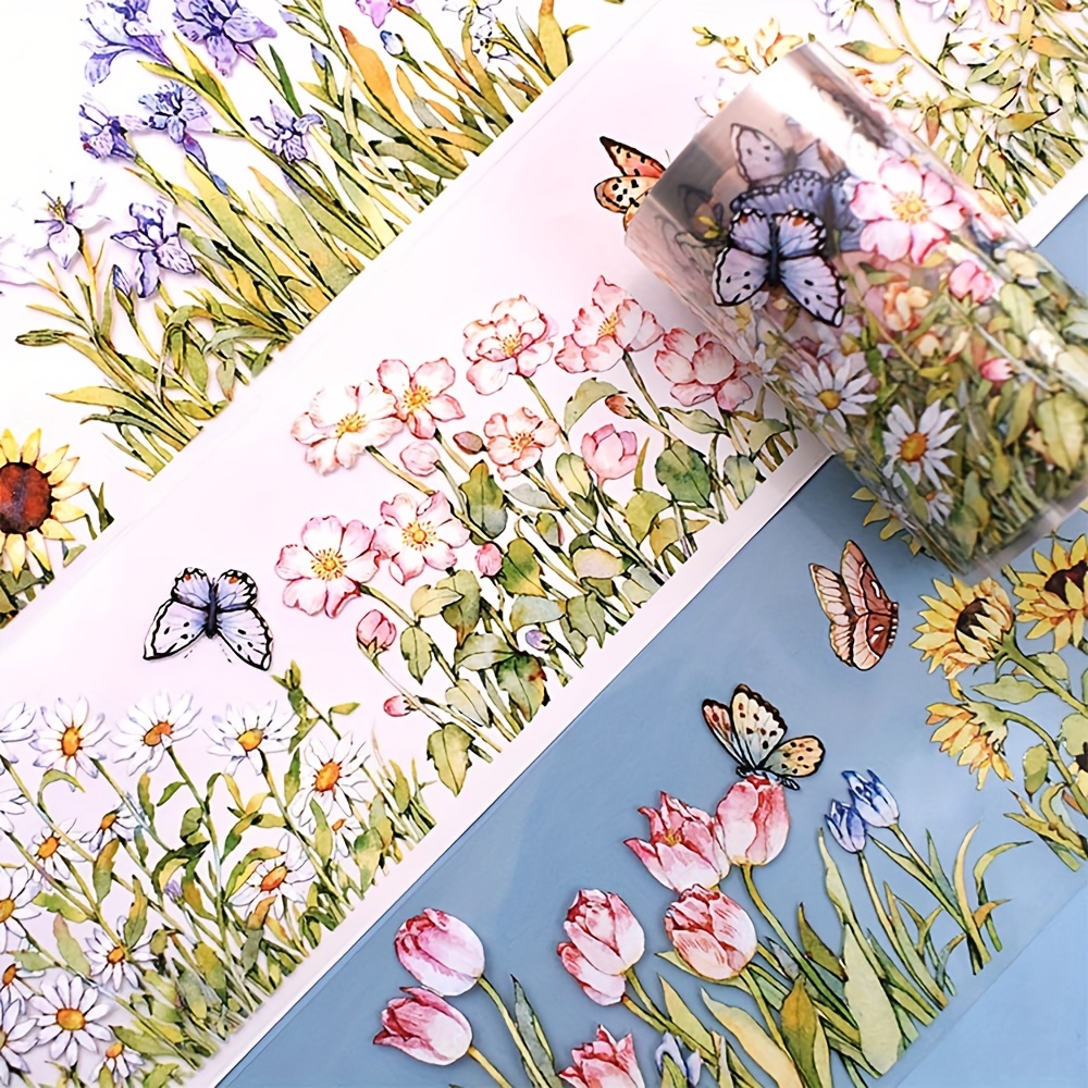Image of Floral Washi Tape Roll - 6.5cm X 2m, & Sunflower Designs, Reusable Pet Adhesive For Scrapbooking And Crafting