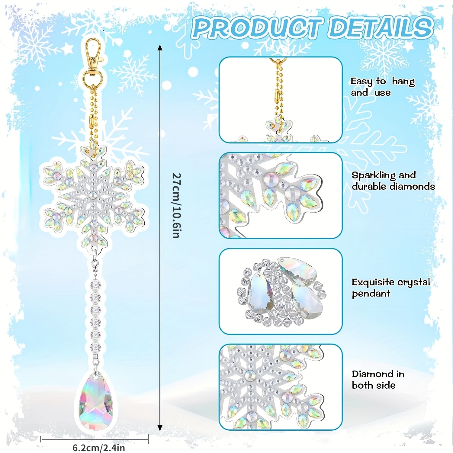 6 Pieces Winter Snowflake Diamond Painting Kits Double Sided Diamond  Painting Suncatchers Wind Chimes Hanging Diamond Painting Accessories for  Kids