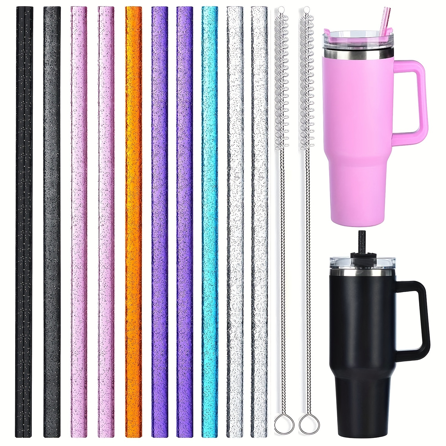 12-pack Colorful Replacement Straws For Stanley 40-ounce 30-ounce Cups,  12-inch Long Reusable Plastic Straws For Stanley Cup Accessories,  Half-gallon Water Bottle, Plus 2 Brushes