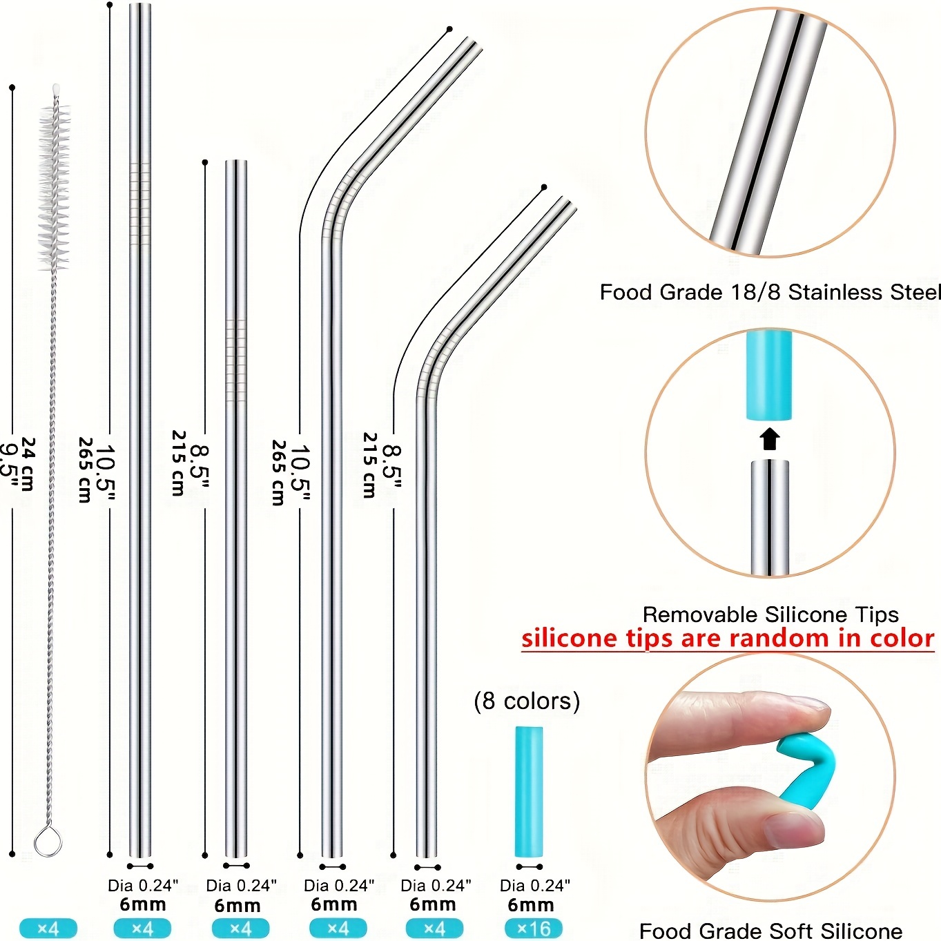 9 Inch Long Smooth Reusable Straws with Yellow Straw Caps - Set of 10 -  Free Shipping