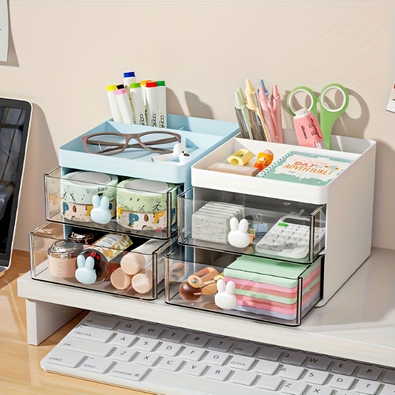 1pc Cute Storage Box, Desktop Cosmetics Organizer Drawer With Rabbit Head  Handle, Suitable For Organizing Stationery Organization And Storage, Back To