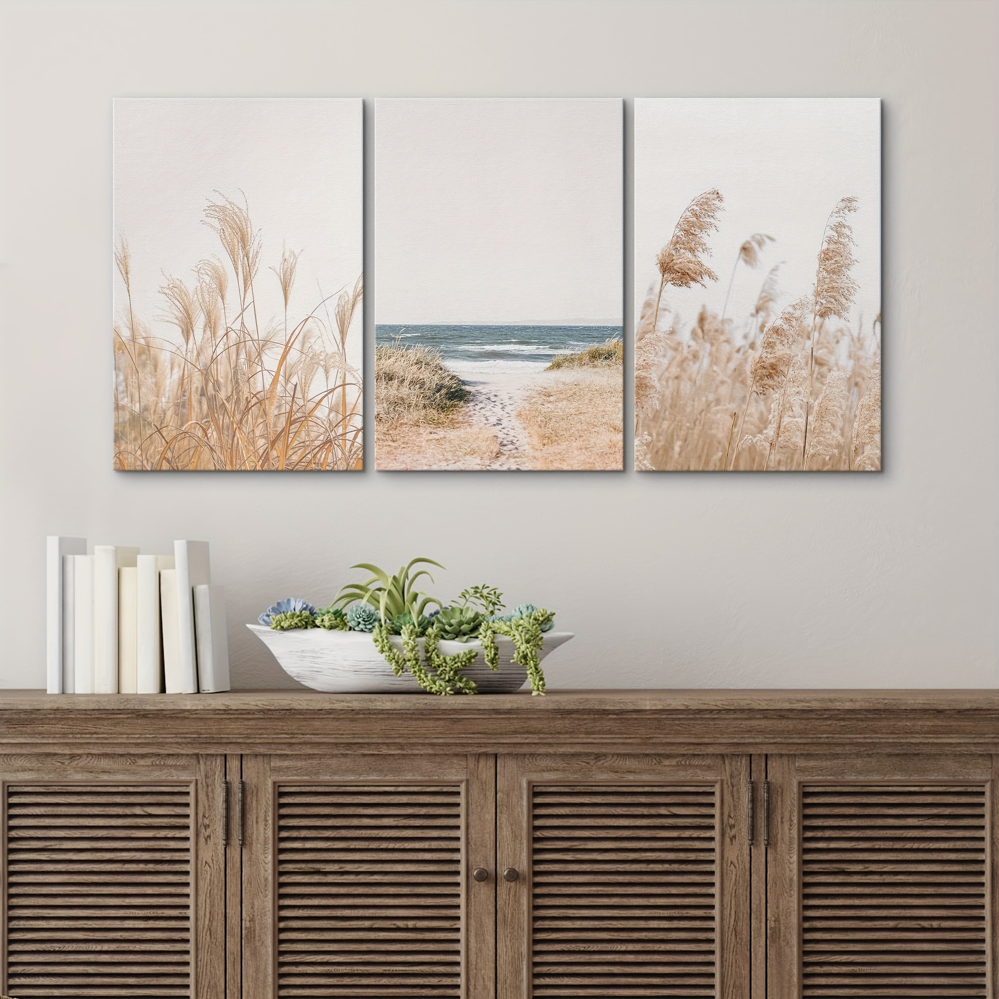 3pcs Quadri Su Tela Senza Cornice Arte Murale Bianca Spiaggia Erba Nuvoloso  Oceano Mare Onda Paesaggio