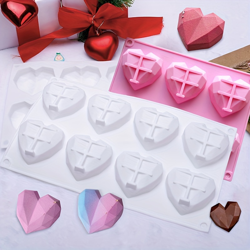 Heart Silicone Molds, 3D Heart Shaped Silicone Mold for Chocolate 2pcs 6 Grids Diamond Heart Cake Mold Jelly Gummy Mold Trays Candy Fondant Mould