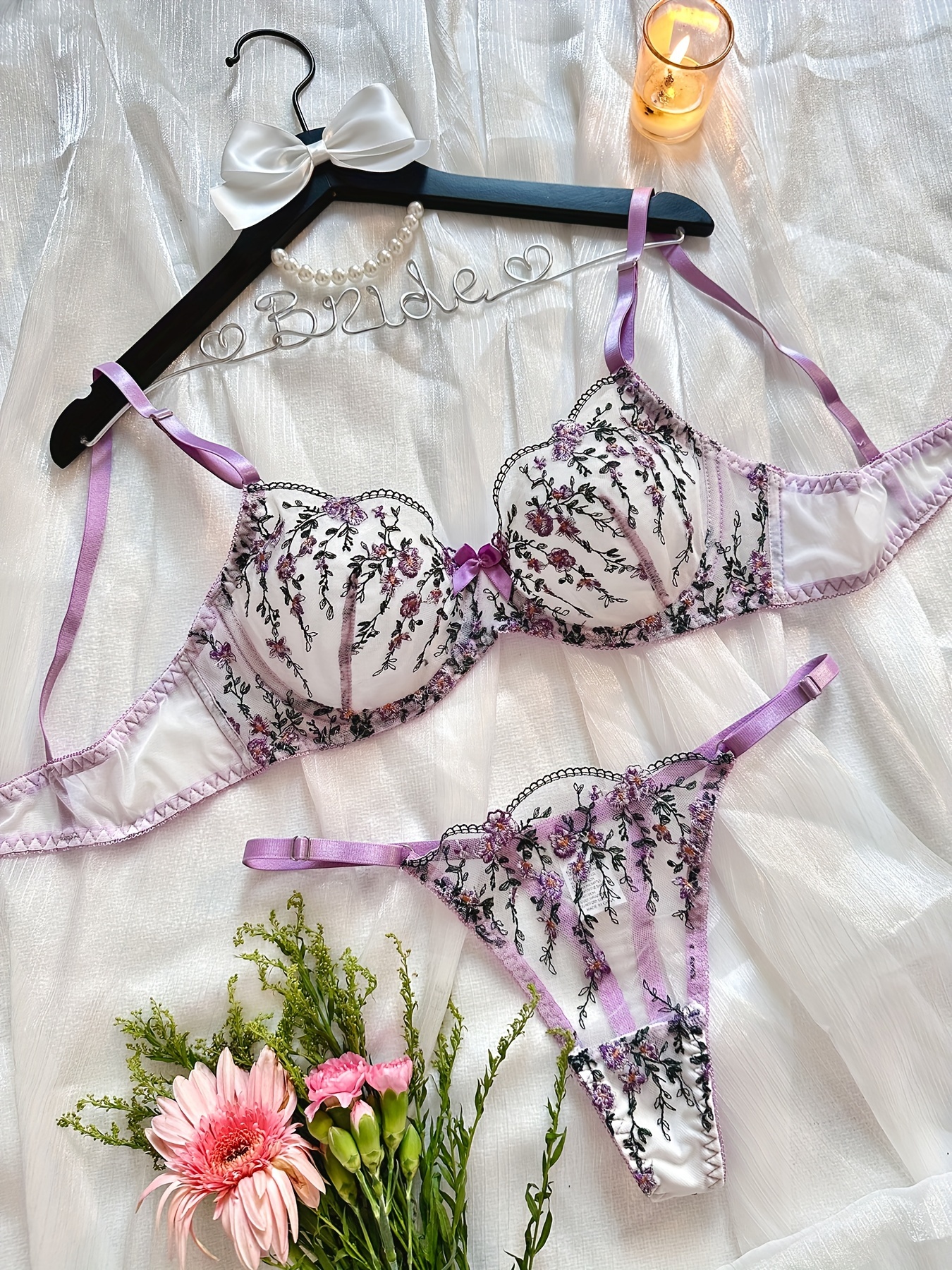 Floral Embroidery Lingerie Set, Sheer Mesh Push Up Unlined Bra & Thong,  Women's Sexy Lingerie & Underwear
