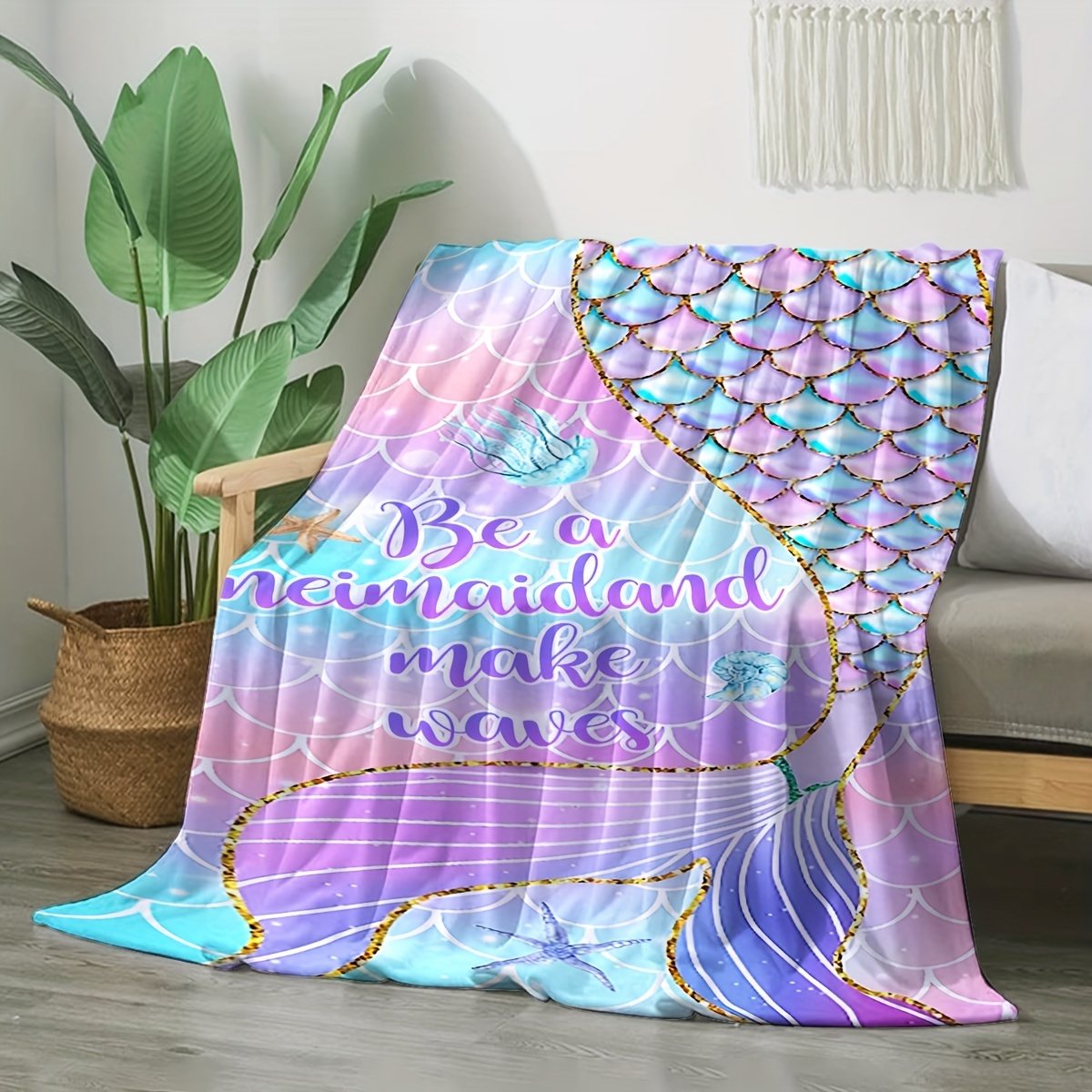 Mermaid Print Blanket Flannel Blanket Soft Warm Throw Temu