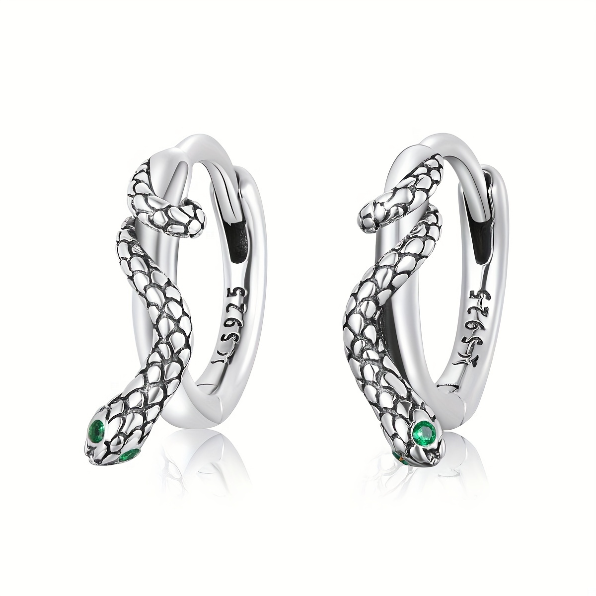 925 Silver Snake Ear Buckles Green Zirconium Hoop Earrings