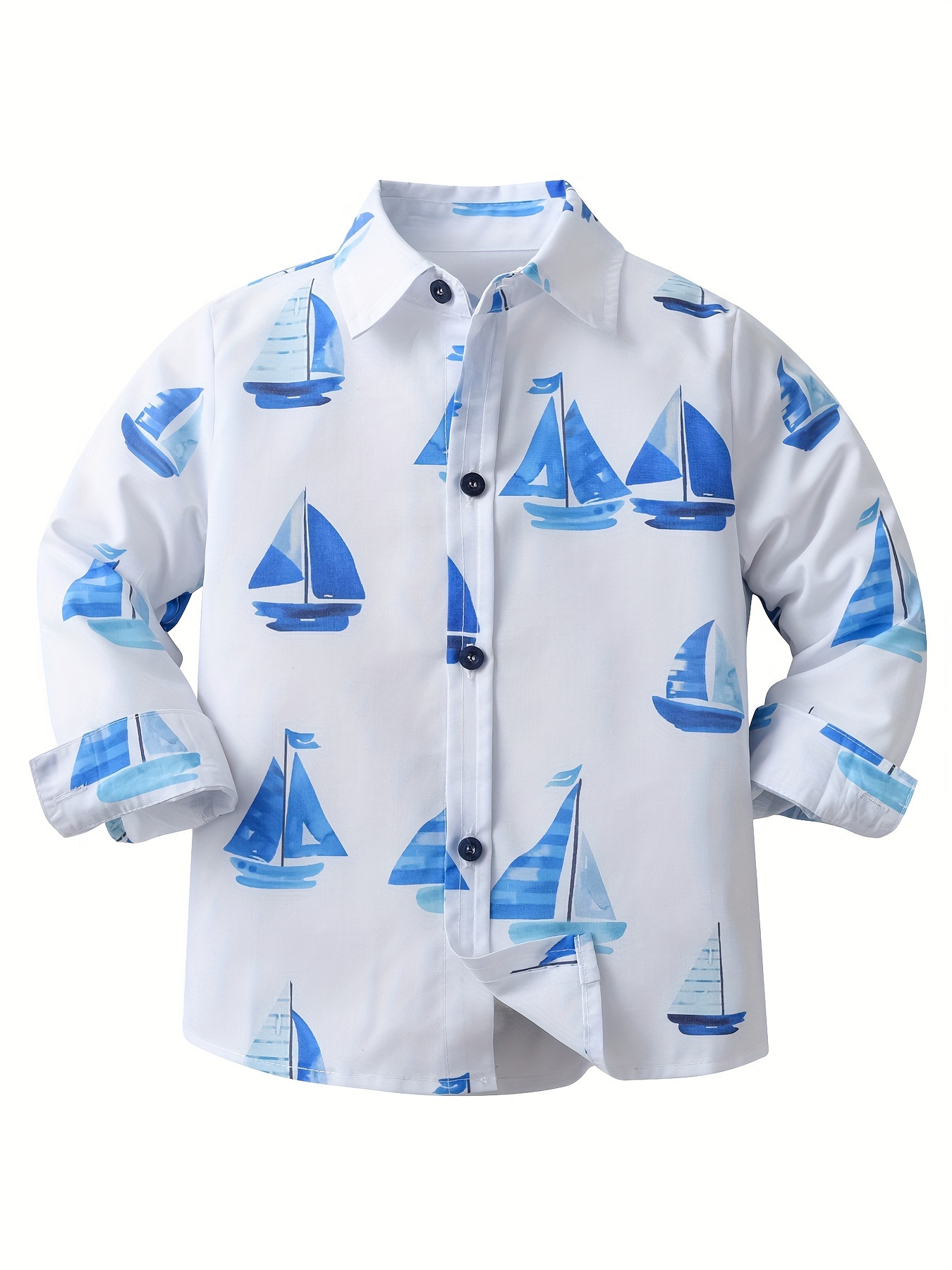 Boy's Small Boat Print Cute Casual Shirt Preppy Long Sleeve Pockets Lapel  Spring Fall Coat Button-down Clothes For Kids