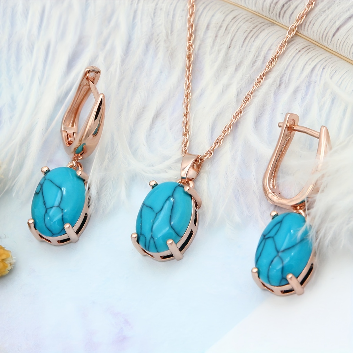 

3pcs Bohemian Ethnic Style Waterdrop Pendant Necklace & Earrings Set, Retro Exquisite Artifical Turquoise Texture Jewelry Set, Party Gift For Girls