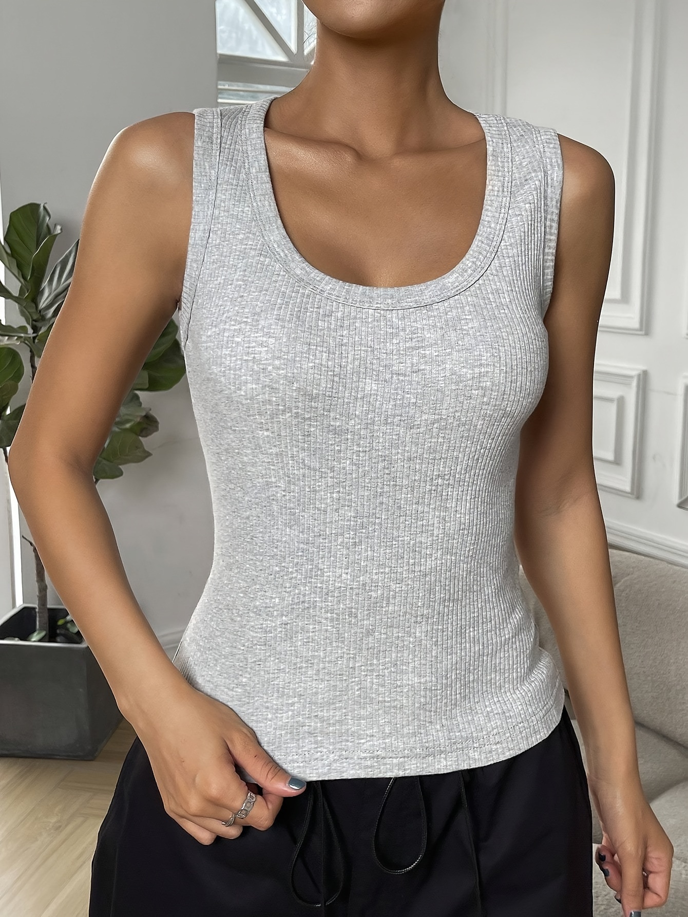 solid color crew neck tank top elegant sleeveless tank top for every day womens clothing grey 0