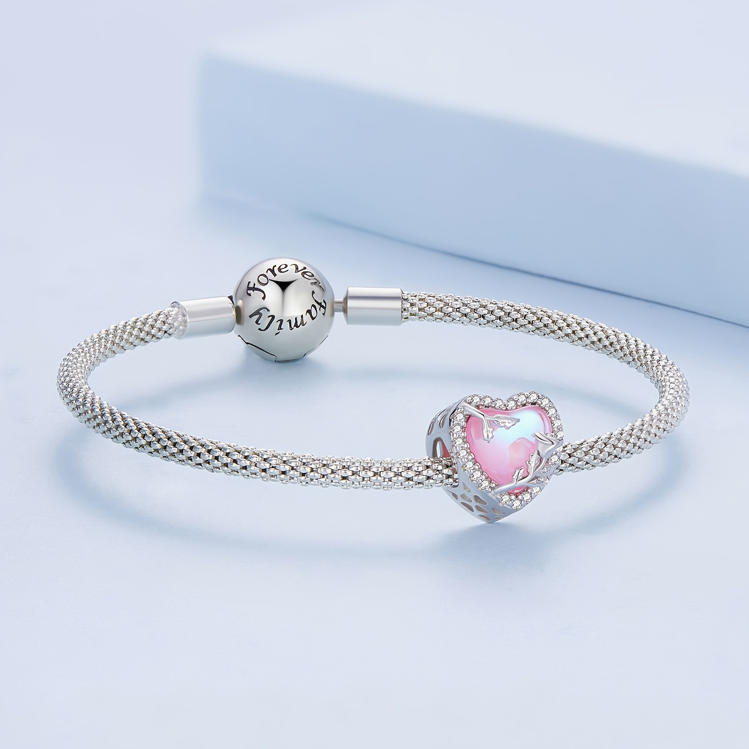 Silver Rose Heart Charm Bracelet - Pink