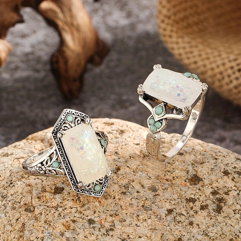 

1pc New Square White Opal Antique Silver Ring