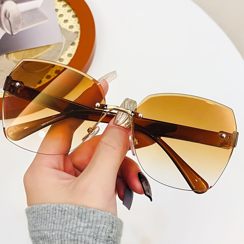 Frameless Gradient Lens Sunglasses, Oversize Polygon Frame