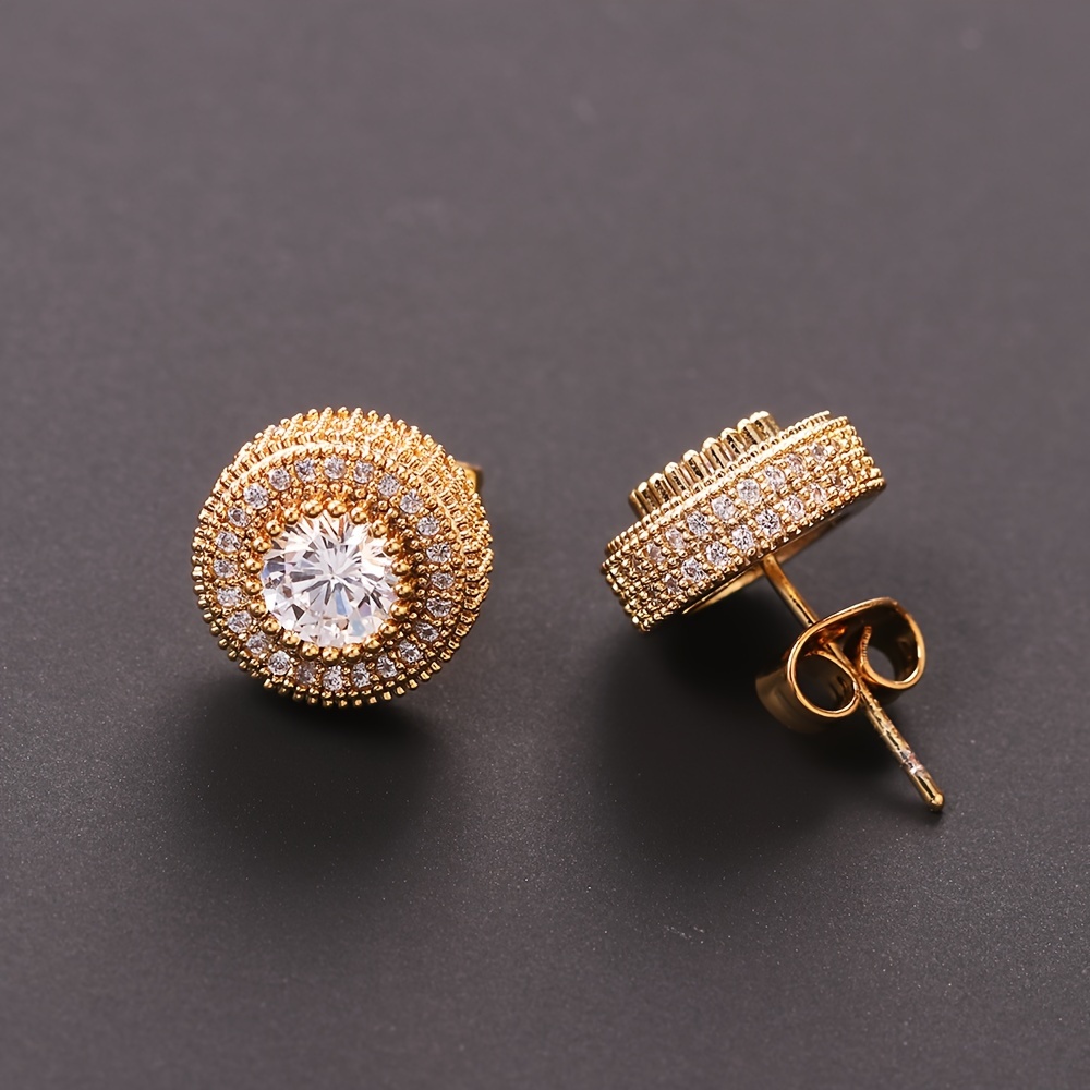 18k Real Golden Plated Stud Earrings Round Cubic Zirconia - Temu