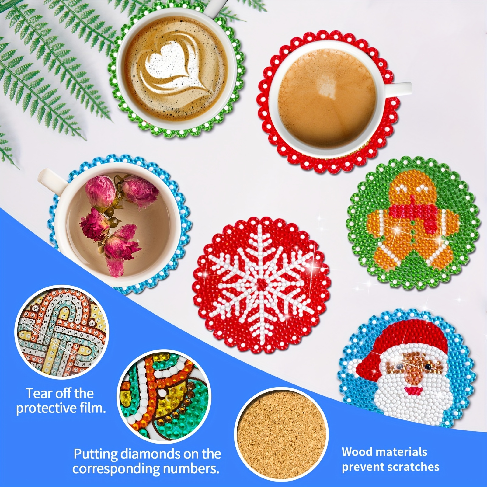 Diamond Painting Christmas Coaster with Holder, 6 PCS DIY Diamond Art kit  Drink Xmas Coasters Set for Adults Kids and Table Decor Supplies