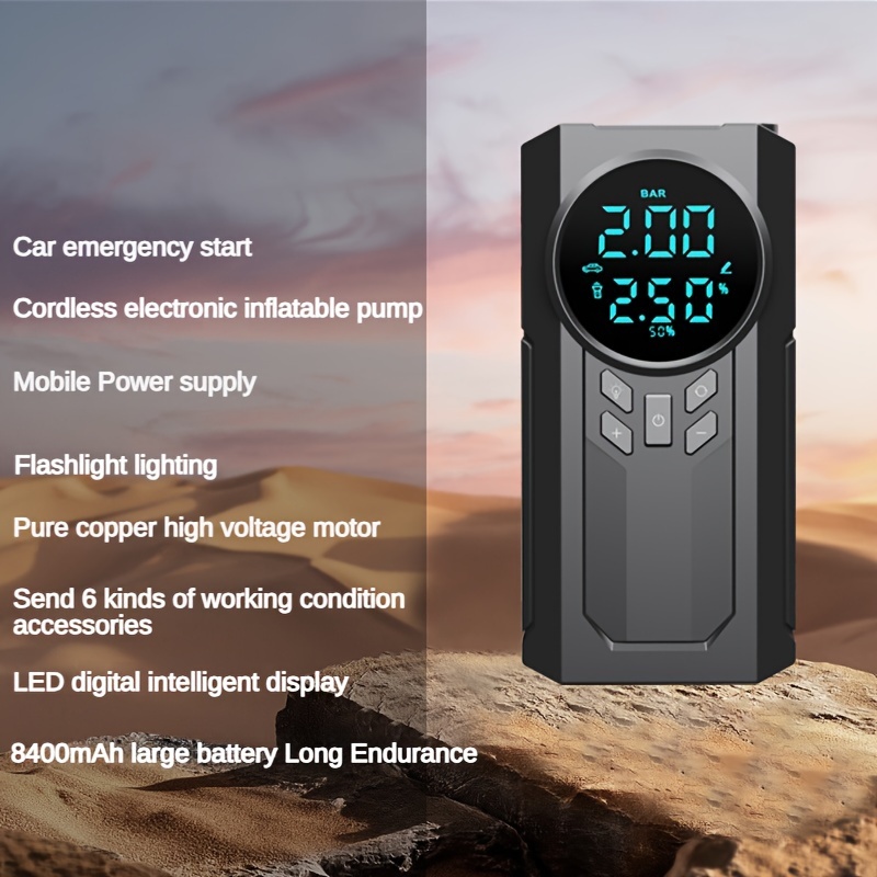 Tragbarer Kabelloser Autobatterie-Notstarter, Reifenluftpumpe -  Luftkompressor Zum Einfachen Aufpumpen Von Reifen - Mit Taschenlampe Und  LED-Display 