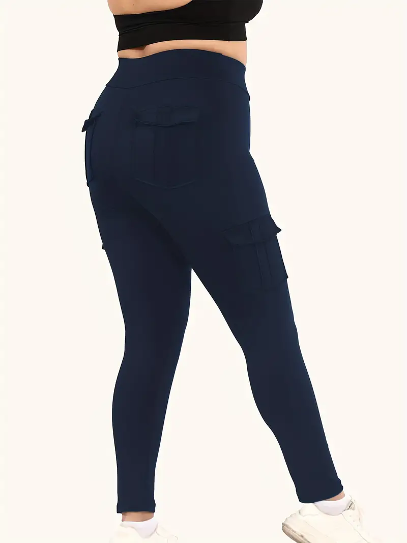 plus size sports leggings womens plus solid high rise skinny fitness leggings with flap pockets details 3