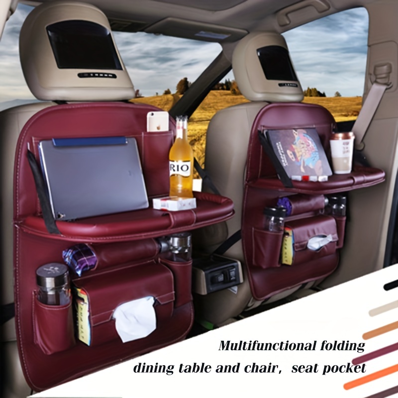Organizador para asiento de coche de cuero PU, accesorio de viaje para  automóvil, almacenamiento trasero con bandeja plegable y bolsa para  almacenaje - AliExpress