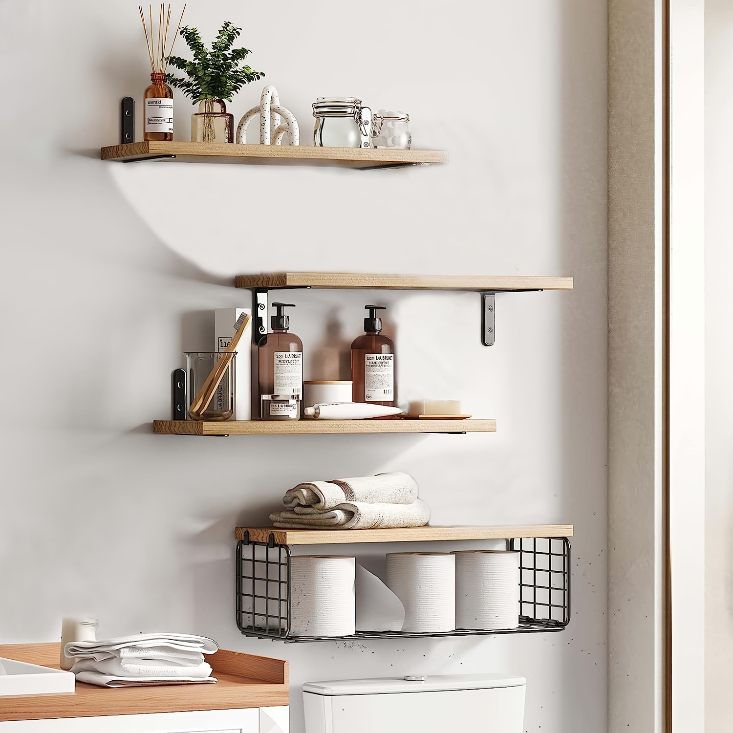 Floating Shelves Wall Mounted with Storage Basket and Protective