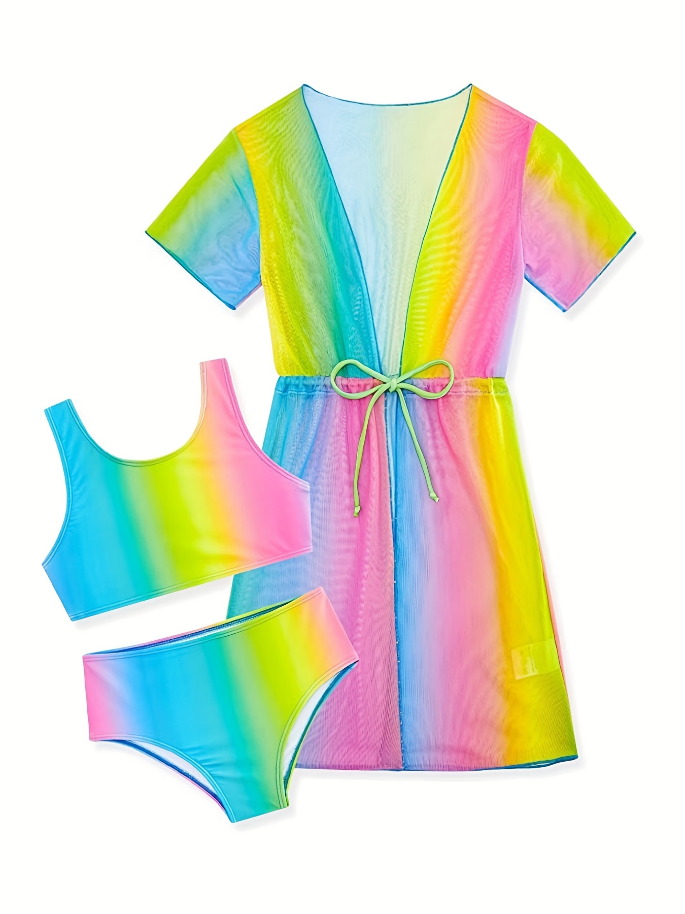 Girls Bikini Swimsuit 3pcs Set Tank Top & Triangle Pants & Long Cover Up  Coat Rainbow Color Gradient Print Stretch Cute Beach Wear Casual Kids  Clothes