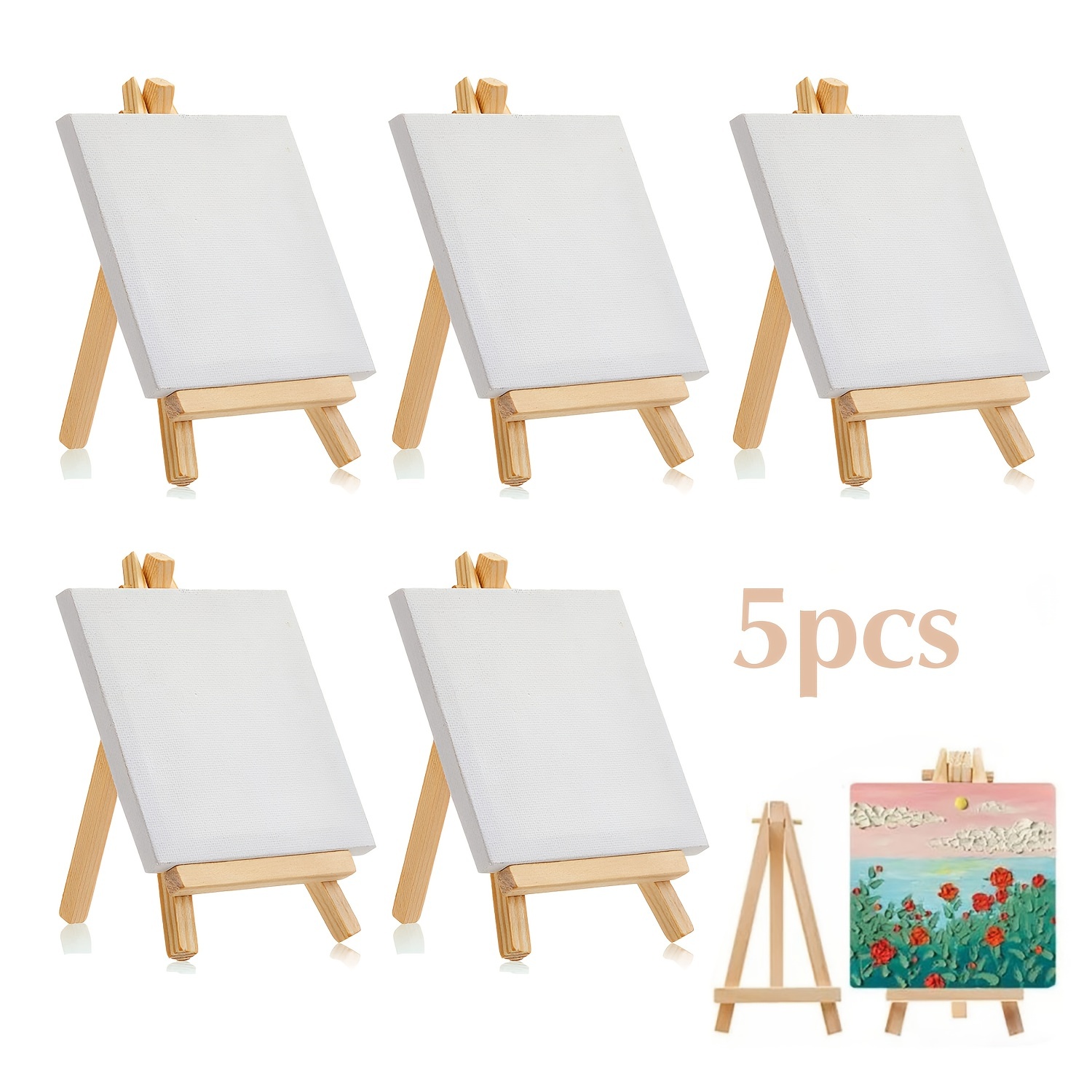 5 Packs 4inx 4in Mini Canvas And Easel Set, Small Art Easel Stand With  Canvas Set, Tabletop Wooden Display Stand And Canvas Panels For Artist,  Student