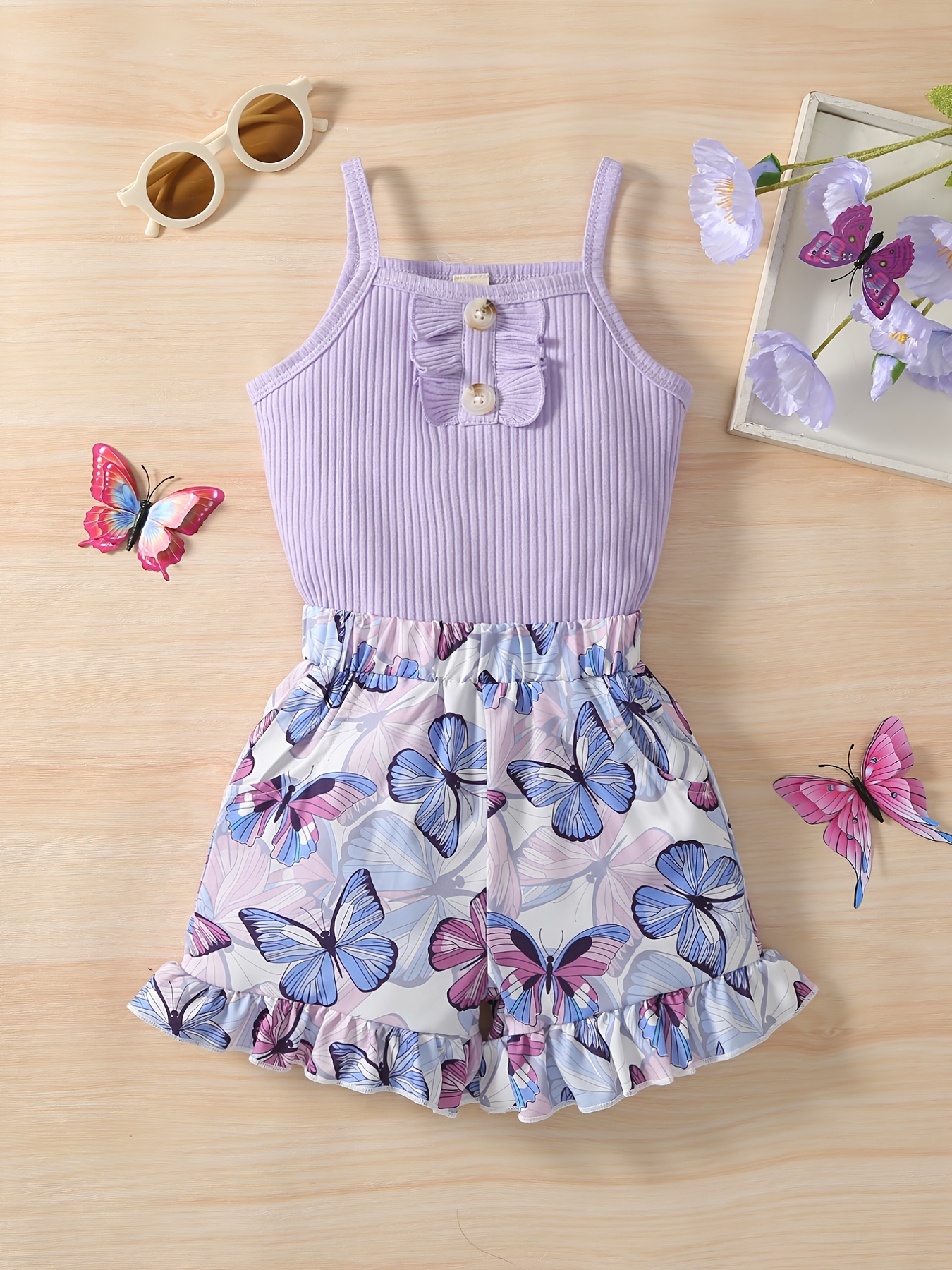 2pcs Toddler Girl Butterfly Print Ruffled Camisole and Shorts Set