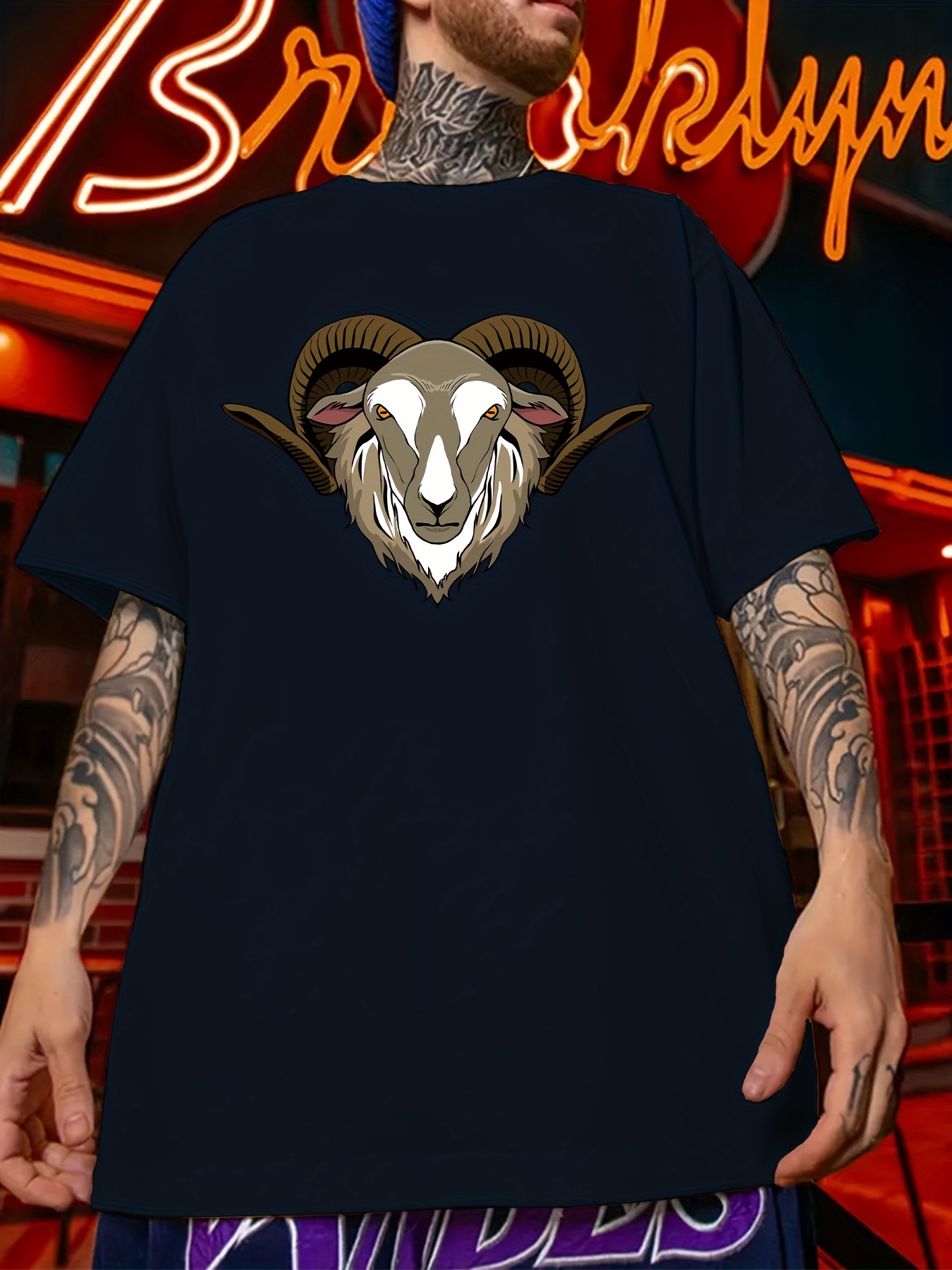 Sheep Head Graphic Print T Shirt For Men, Street Cool Tees For Summer,  Oversized Short-sleeve Tops For Big & Tall Guys, Males Clothing, Plus Size  - Temu Australia