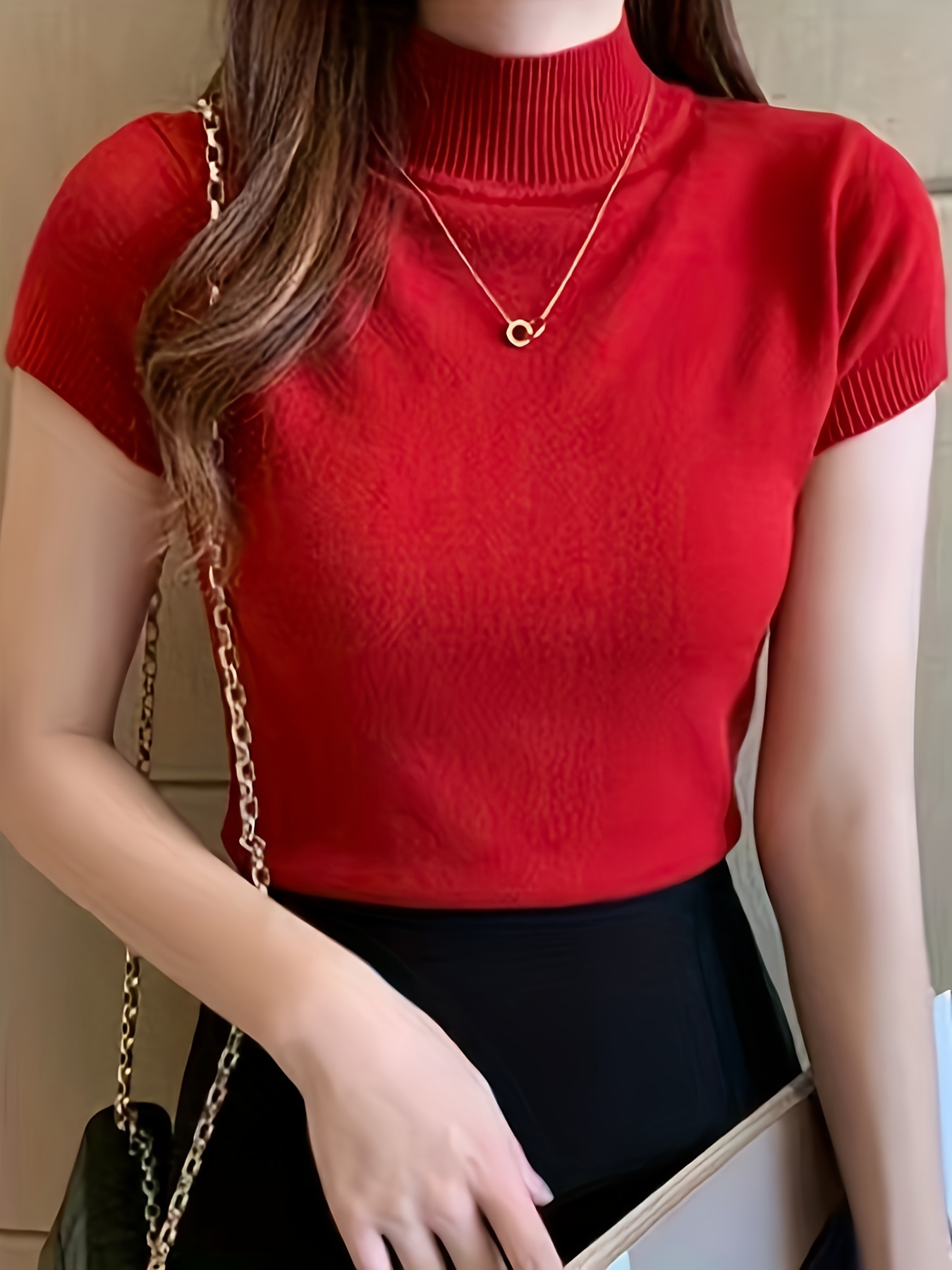 New Style Knitted Versatile Design Half-High Collar Short Sleeve Thin Pullover