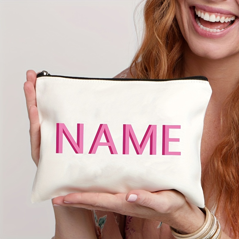 TEMU Personalized Name Canvas Toiletry Bag - Fashionable Travel Makeup Pouch, Pencil Case, Lightweight & Fade-resistant, Zipper Closure, Machine Washable - Ideal Gift For Girls