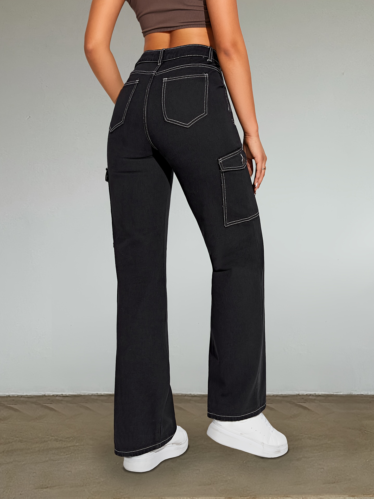 Black Flap Pockets Straight Jeans Loose Fit Non stretch High