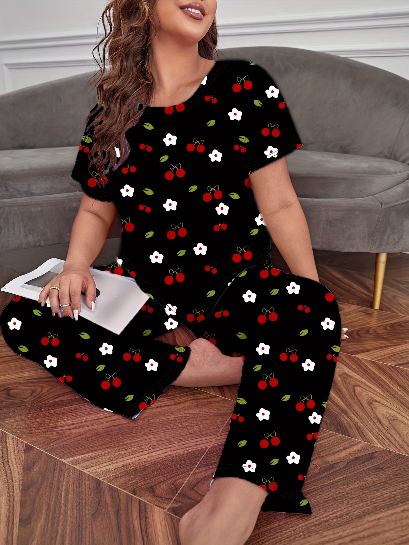 Plus Size Cute Pajama Set Women's Plus Cherry Print Round - Temu