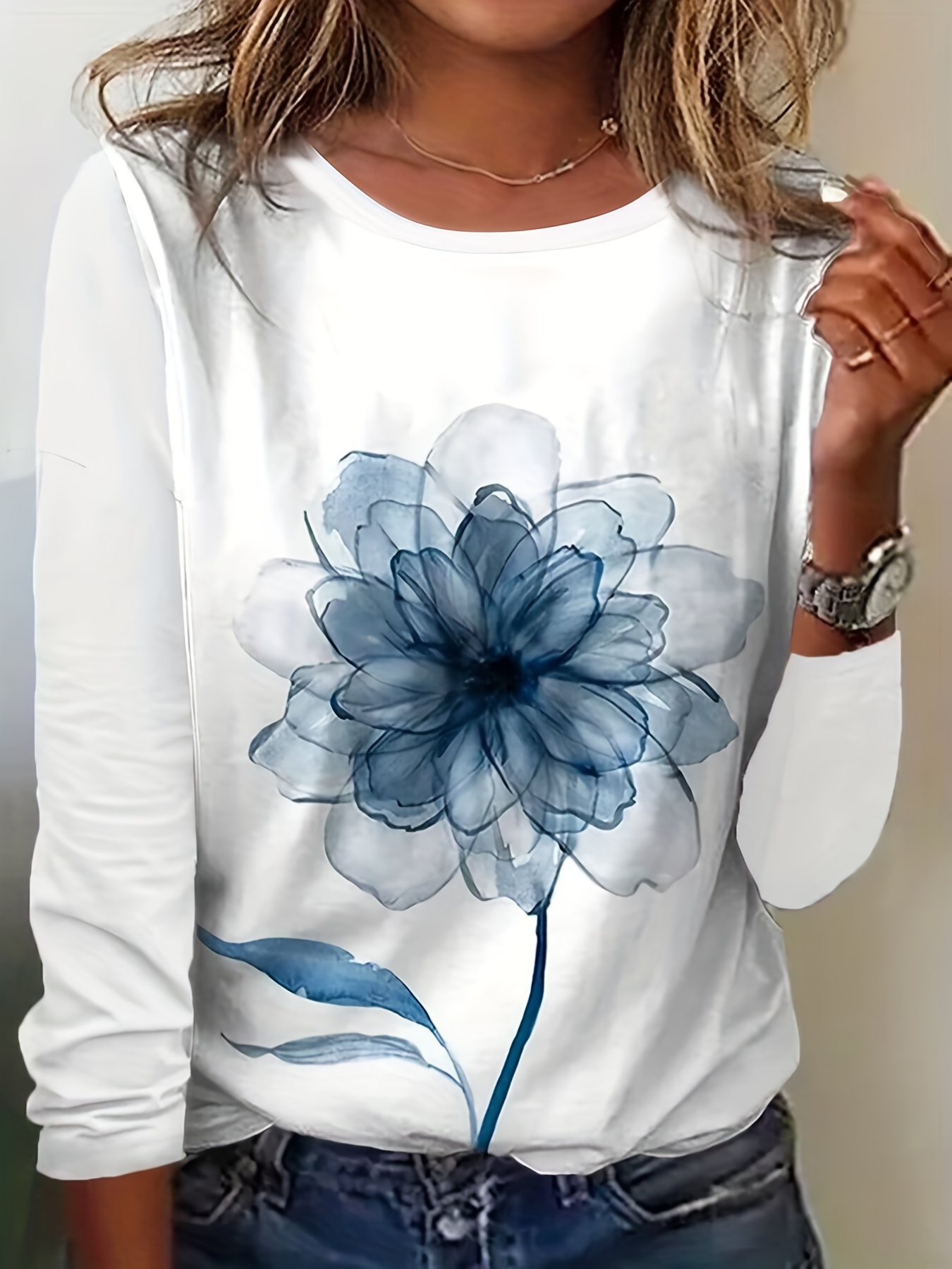 Big Flower Print Crew Neck T-shirt, Casual Long Sleeve Top For