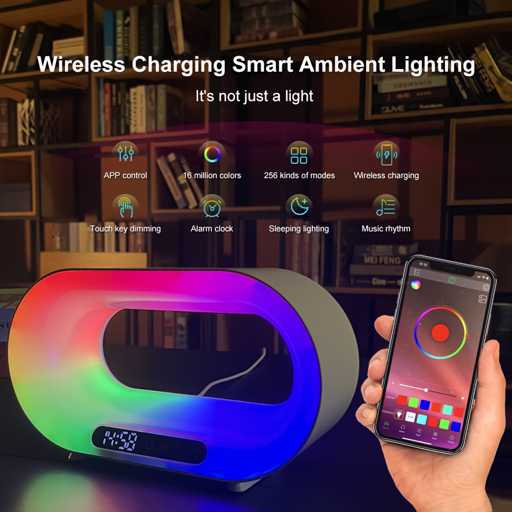  Cargador inalámbrico, lámpara LED G, luz nocturna RGB con  control de aplicación, lámparas de atmósfera, reloj despertador digital,  altavoz, cargador inalámbrico, sueño de niños, decoración de : Herramientas  y Mejoras del