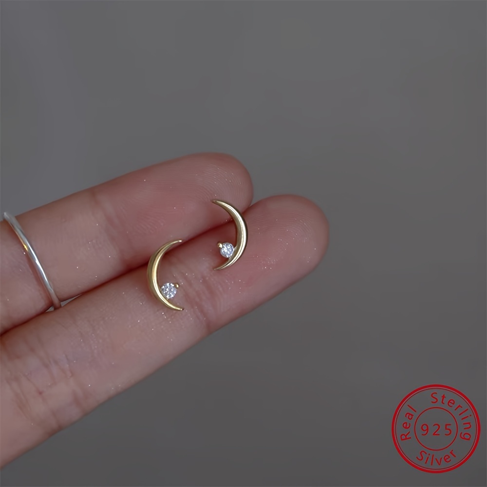 

0.5g S925 Sterling Silver 14k Plated Zircon Decor Crescent Moon Stud Earrings For Women, Shiny Exquisite Small Earlobe Earrings For Women, Holiday Gifts, Daily Decoration Jewelry