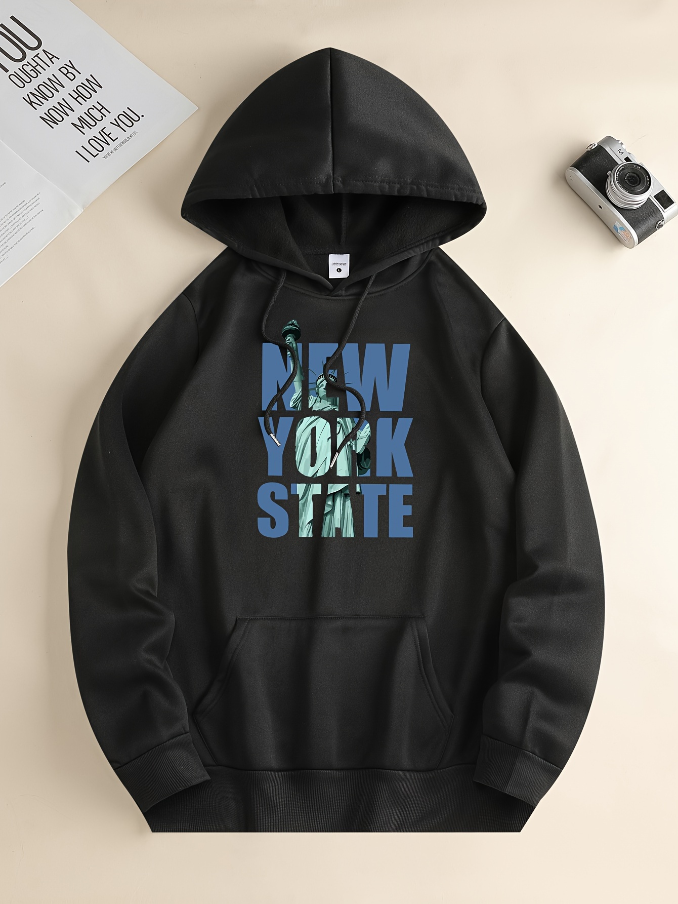 New York State Print Kangaroo Pocket Hoodie Casual Long - Temu Canada