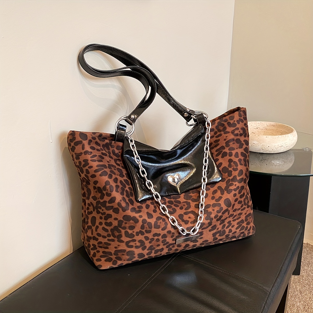 Leopard Pattern Tote Bag, Trendy Handbag With Chain Fall & Winter Fluffy  Shoulder Bag - Temu