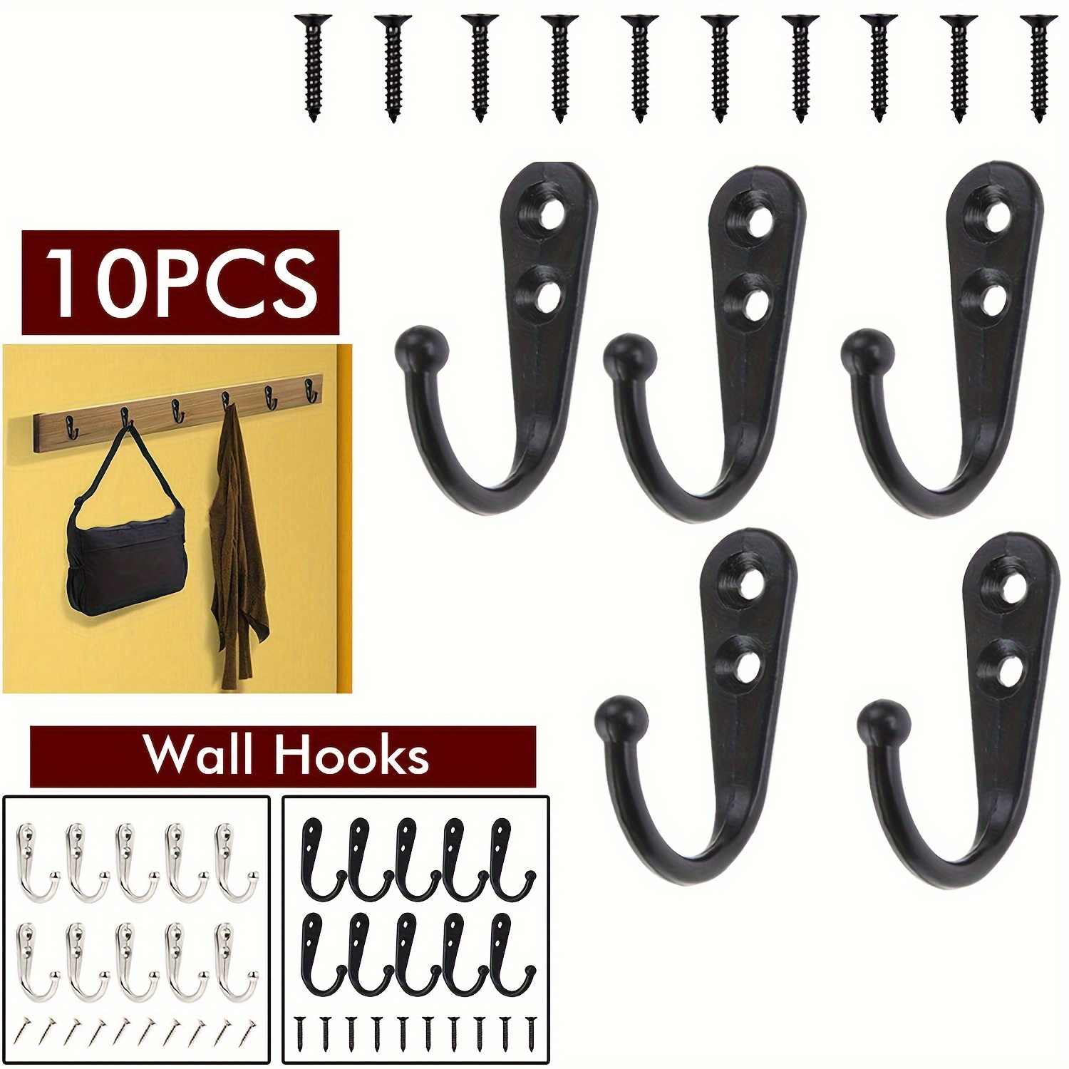 10pcs Stainless Steel Heavy Duty Wall Hooks For Towels And Clothes -  Antique Closet Hooks For Bedroom, Cloakroom Door - Single Hook For Small  Items, W