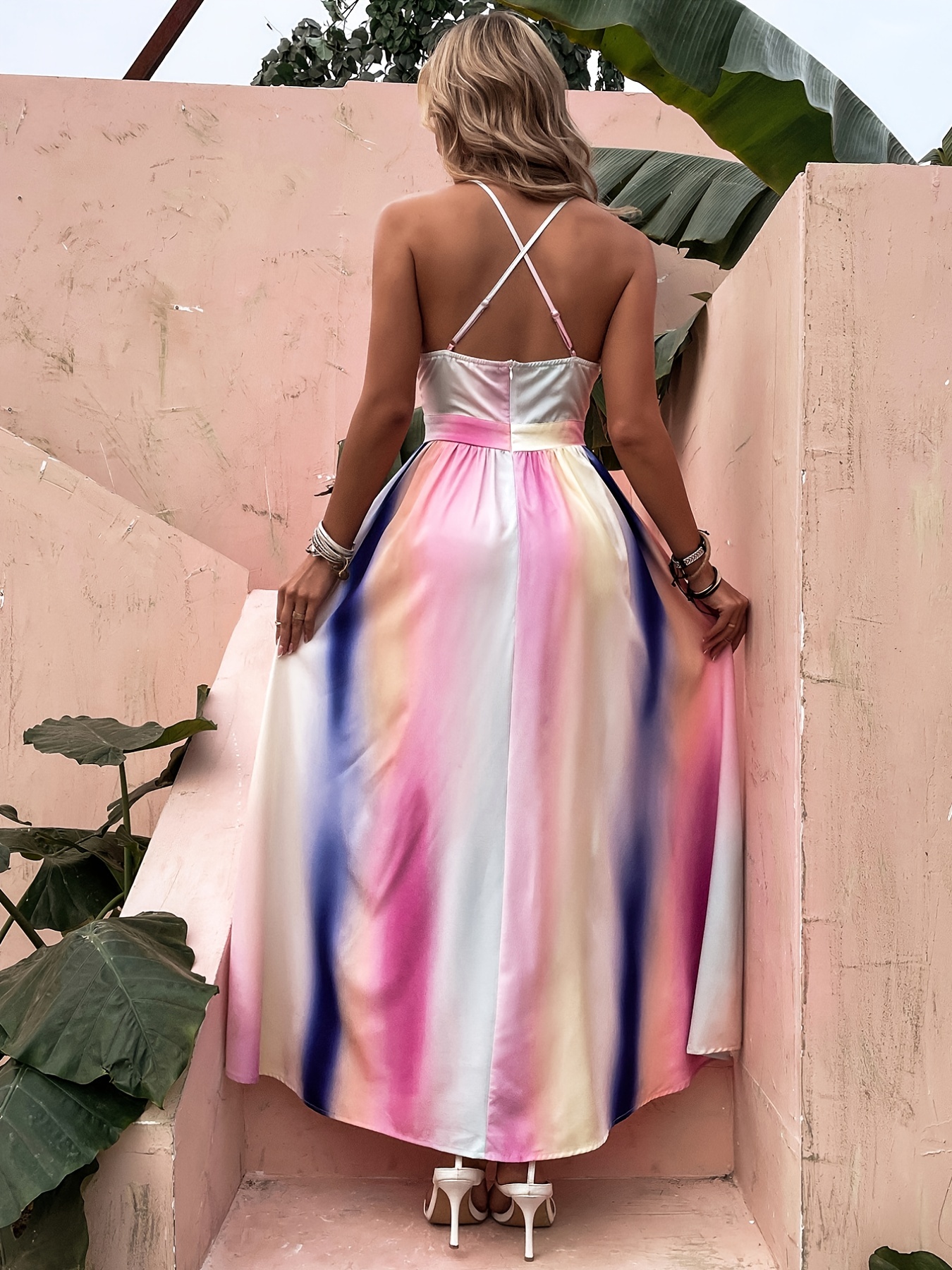 Rainbow Stripe Criss Cross Elegant Dress, Sleeveless High Waist Split Maxi  Dress, Women's Clothing