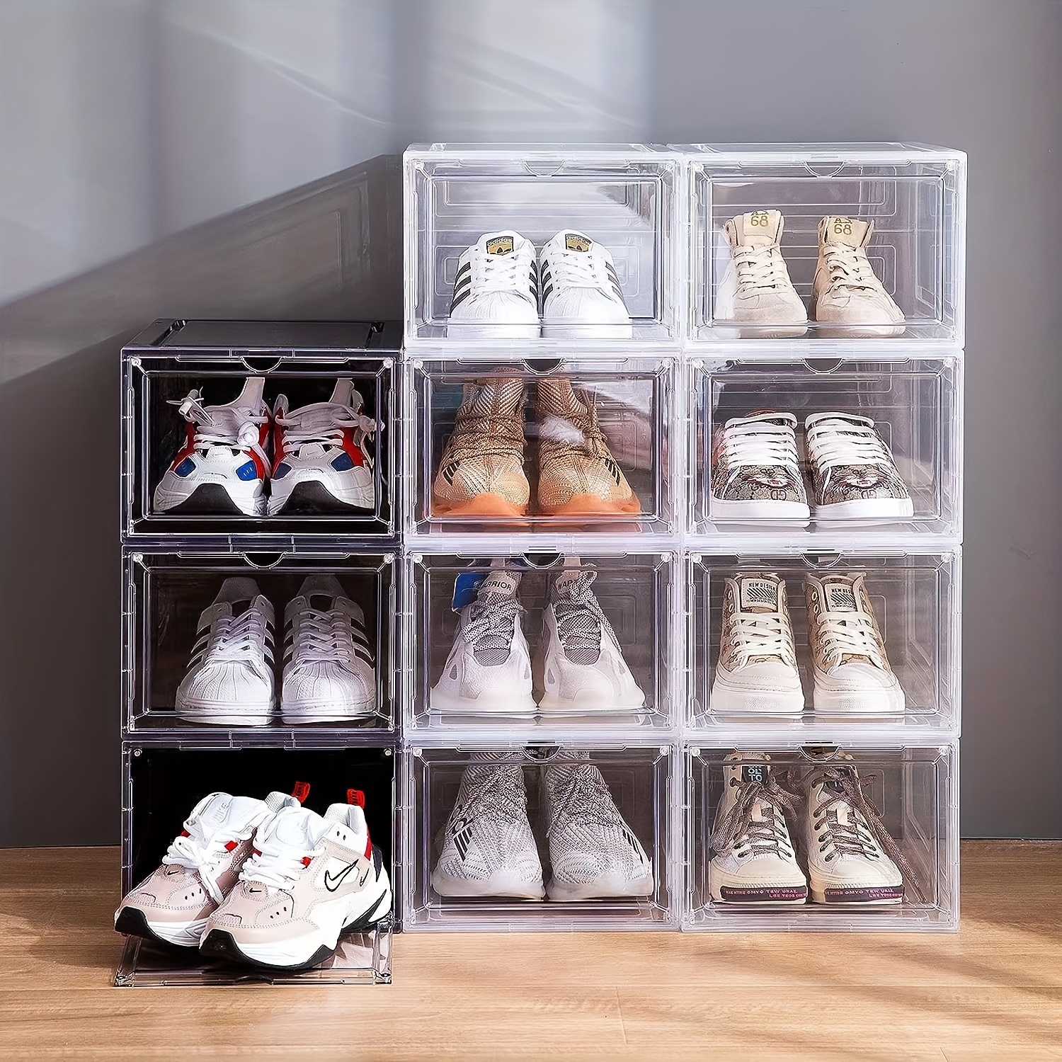 Shoe Organizer Foldable Shoe Rack for Entryway, Stackable Storage Box with  Doors and Shelves, Shoe Cabinet for Bedroom, Living Room, 12 Cubbies