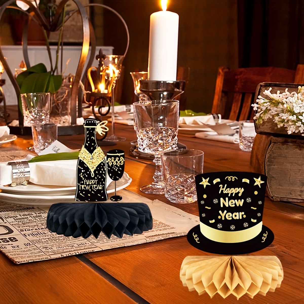 9PCS New Year Centerpieces for Table Decorations - Black & Gold Honeycomb