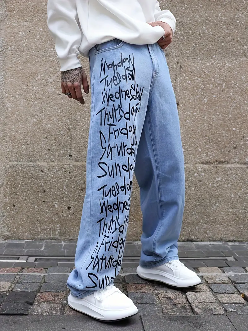 Letter Print Loose Fit Jeans, Men's Casual Street Style Wide Leg Denim  Pants For All Seasons