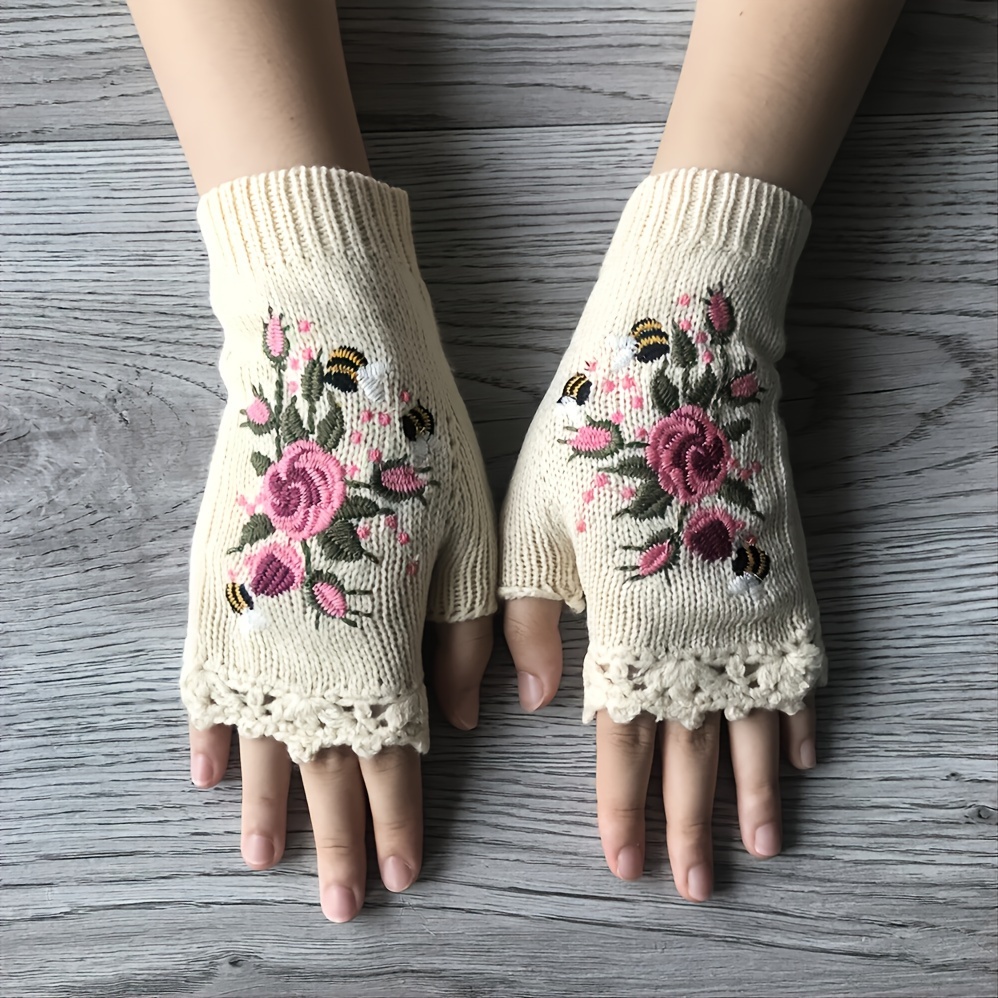 

Handmade Flower Embroidered Gloves Women's Fingerless Knit Gloves Autumn Winter Coldproof Writinggloves